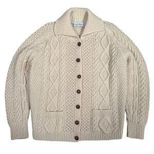 Vintage Wool Ivory Cable Knit Cardigan Sweater Fisherman Core Made in Ireland